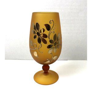Vintage Mid Century Amber  Frosted Glass Vase With Hand Painted Flowers 10" High